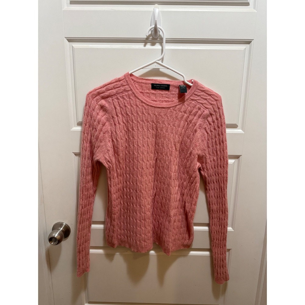 Valerie Stevens‎ Women's Coral Pink 2 Ply Cashmere Cable Knit Sweater Size L